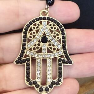 Adjustable Hamsa Hand Pendant Rosary Chain Goldtone Black Beads Rhinestones